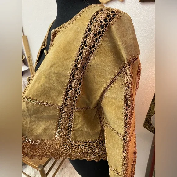 Unique OOAK Hippie Patchwork Leather Crochet Crop Jacket Top Blouse Handmade Sz? - Picture 5 of 16